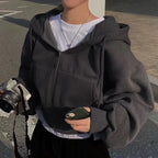 Korean Hood Shirt Women Fashion Fleece Lined Loose Hoodies Zipper Long Sleeve Crop Tops Harajuku Female Jackets Coats Sweatshirt