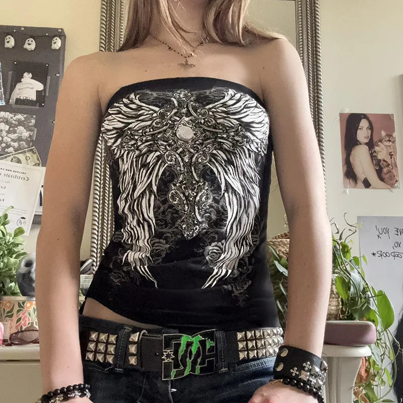 Gothic Print Black Strapless Tube Top Women Skinny Cropped Summer Casual Chic Graphic Tee Y2K Streetwear Basic Vest
