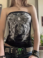 Gothic Print Black Strapless Tube Top Women Skinny Cropped Summer Casual Chic Graphic Tee Y2K Streetwear Basic Vest