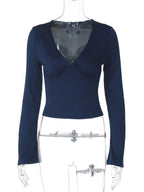 Dulzura Autumn Solid Sexy V-Neck Long Sleeves Slim Fit T-Shirt Women'S Casual Versatile Y2K Top Party Club Street Style Clothes