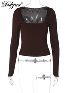 Dulzura Autumn Fashion Sexy Square Collar Long Sleeve Slim T-Shirt Women'S Solid Casual Top Party Club Street Clothes Wholesale