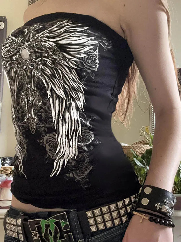 Gothic Print Black Strapless Tube Top Women Skinny Cropped Summer Casual Chic Graphic Tee Y2K Streetwear Basic Vest