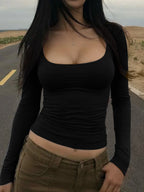 Dulzura Autumn Fashion Sexy Square Collar Long Sleeve Slim T-Shirt Women'S Solid Casual Top Party Club Street Clothes Wholesale