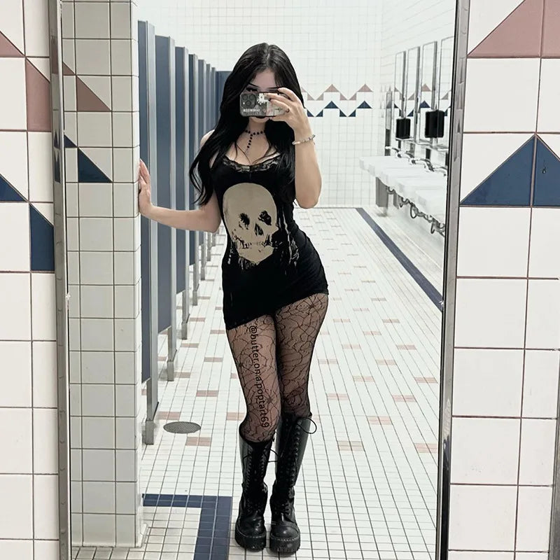 AltGoth Cyber Punk Gothic Dress Women Streetwear Harajuku Skull Printed Sleeveless High Waist Bodycon Dress Grunge Rave Outfits