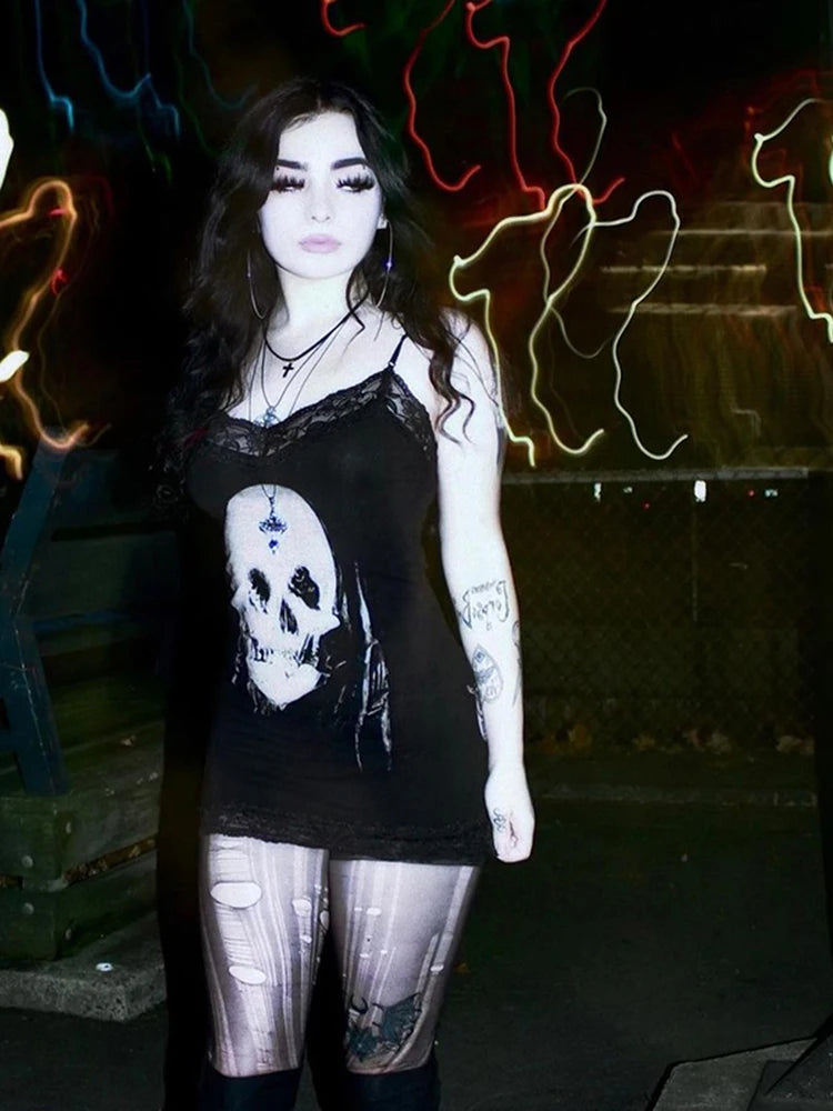 AltGoth Cyber Punk Gothic Dress Women Streetwear Harajuku Skull Printed Sleeveless High Waist Bodycon Dress Grunge Rave Outfits