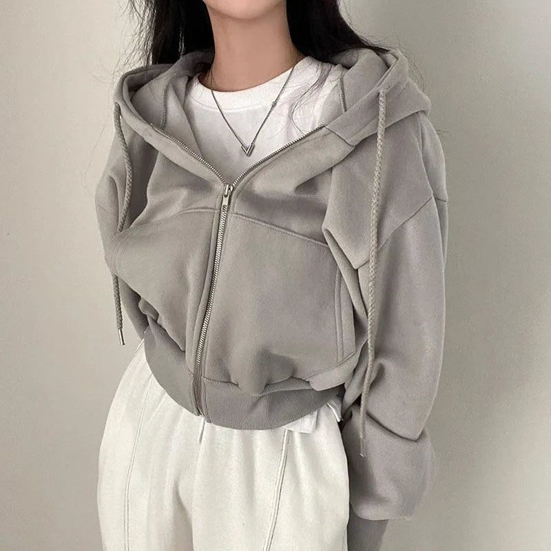 Korean Hood Shirt Women Fashion Fleece Lined Loose Hoodies Zipper Long Sleeve Crop Tops Harajuku Female Jackets Coats Sweatshirt
