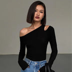 Fashion Skew Collar Off-shoulder Long-sleeved T-shirts Women Spring New Solid Slim Fit Crop Top Sexy Hollow Out Tees Shirts
