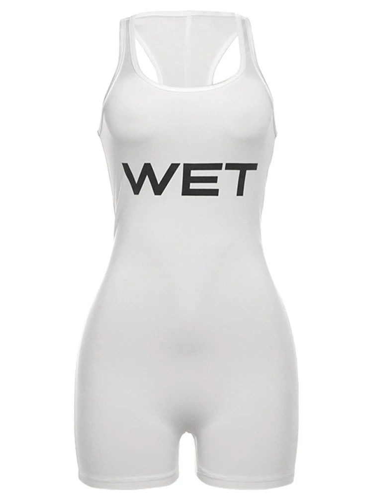 New 2025Summer Women Sexy Sport Romper Subtranslucent Slim Playsuits Letter Printed White Women'S Raceback Sleeveless