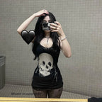 AltGoth Cyber Punk Gothic Dress Women Streetwear Harajuku Skull Printed Sleeveless High Waist Bodycon Dress Grunge Rave Outfits