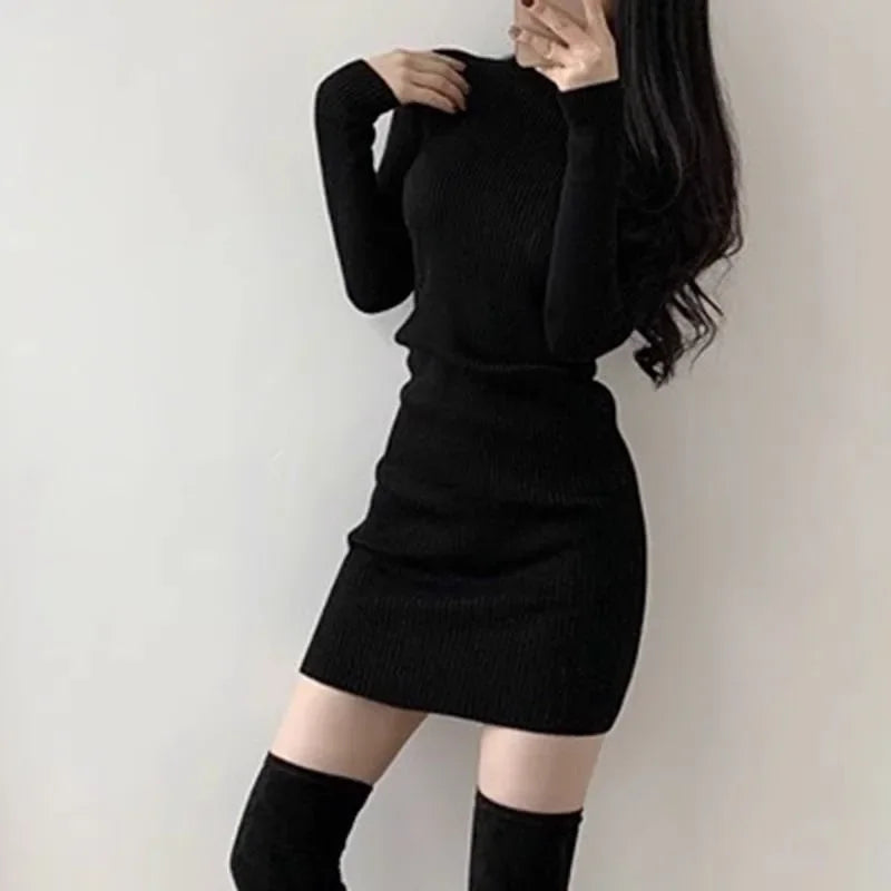 Fanan 2024 New Turtleneck Sweater Dresses Lady Sexy Slim Streetwear Bodycon Mini Dress Women Thick Basic Bottoming Dress Woman