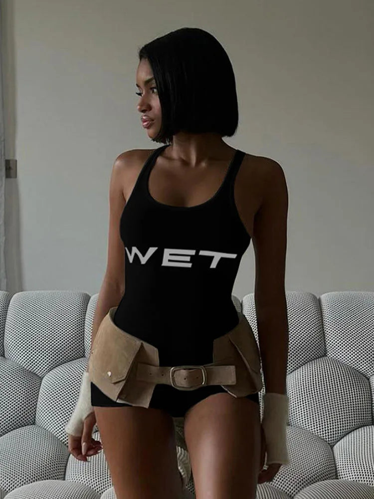 New 2025Summer Women Sexy Sport Romper Subtranslucent Slim Playsuits Letter Printed White Women'S Raceback Sleeveless