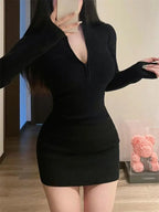 Long Sleeve Dresses for Women Black Sexy Club Bodycon Mini Dress Y2k High Waist Ladies Korean Short Dress Basic Autumn Winter