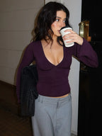 Dulzura Autumn Solid Sexy V-Neck Long Sleeves Slim Fit T-Shirt Women'S Casual Versatile Y2K Top Party Club Street Style Clothes