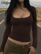 Dulzura Autumn Fashion Sexy Square Collar Long Sleeve Slim T-Shirt Women'S Solid Casual Top Party Club Street Clothes Wholesale