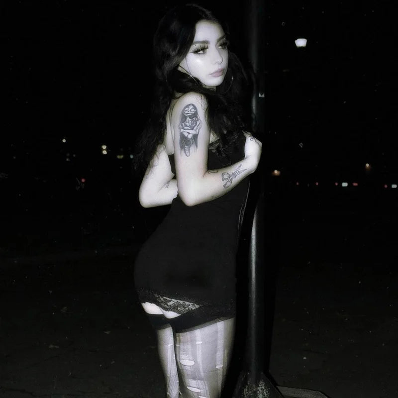 AltGoth Cyber Punk Gothic Dress Women Streetwear Harajuku Skull Printed Sleeveless High Waist Bodycon Dress Grunge Rave Outfits