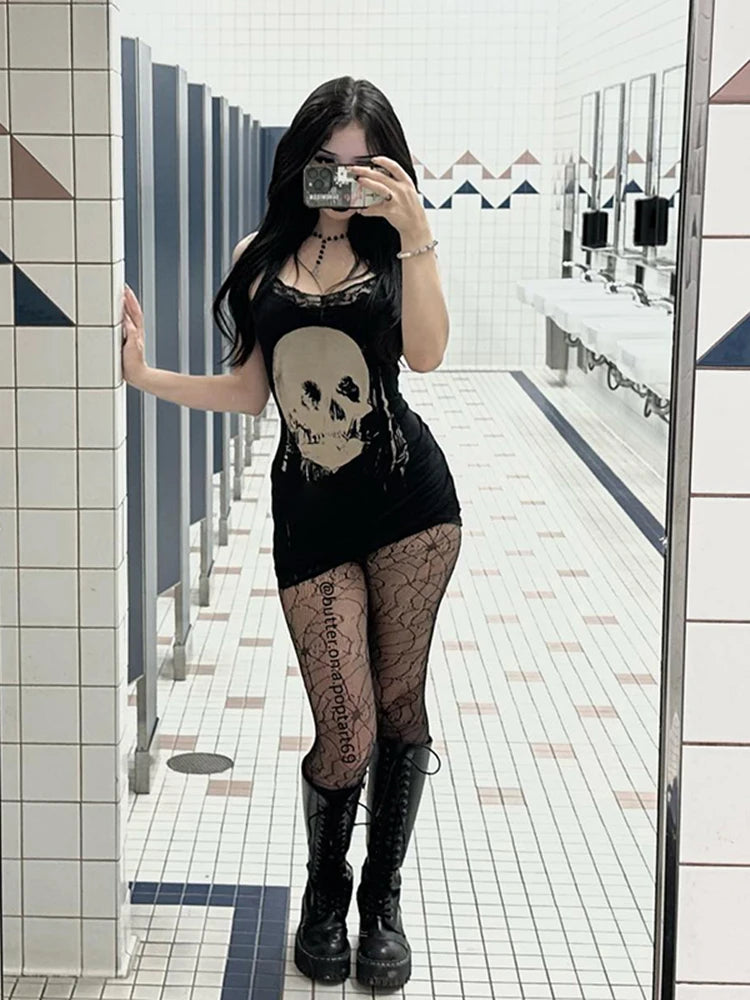 AltGoth Cyber Punk Gothic Dress Women Streetwear Harajuku Skull Printed Sleeveless High Waist Bodycon Dress Grunge Rave Outfits