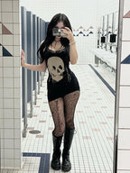 AltGoth Cyber Punk Gothic Dress Women Streetwear Harajuku Skull Printed Sleeveless High Waist Bodycon Dress Grunge Rave Outfits
