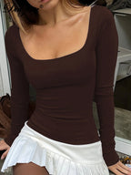 Dulzura Autumn Fashion Sexy Square Collar Long Sleeve Slim T-Shirt Women'S Solid Casual Top Party Club Street Clothes Wholesale