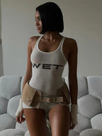 New 2025Summer Women Sexy Sport Romper Subtranslucent Slim Playsuits Letter Printed White Women'S Raceback Sleeveless