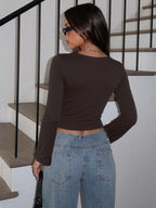 Dulzura Autumn Solid Sexy V-Neck Long Sleeves Slim Fit T-Shirt Women'S Casual Versatile Y2K Top Party Club Street Style Clothes