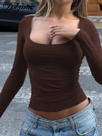 Dulzura Autumn Fashion Sexy Square Collar Long Sleeve Slim T-Shirt Women'S Solid Casual Top Party Club Street Clothes Wholesale