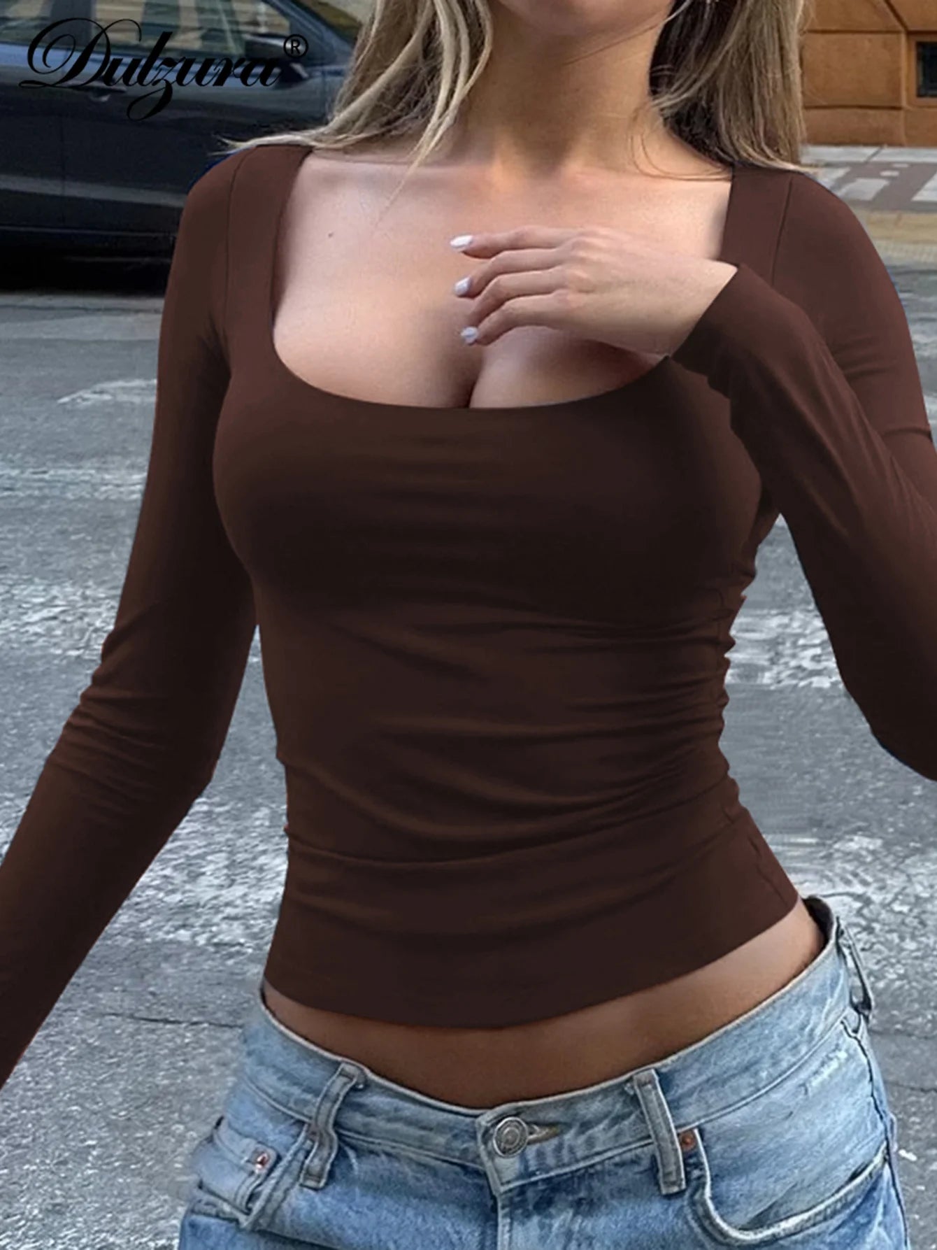 Dulzura Autumn Fashion Sexy Square Collar Long Sleeve Slim T-Shirt Women'S Solid Casual Top Party Club Street Clothes Wholesale